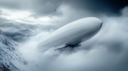 Fototapeta premium Futuristic white airship soaring through misty mountain clouds in cold atmospheric landscape with dramatic sci fi adventure scene and mysterious high altitude exploration