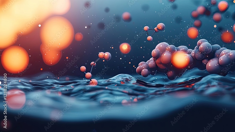 Poster Ocean acidification concept. Abstract visualization of molecular structures in fluid with colorful light effects.