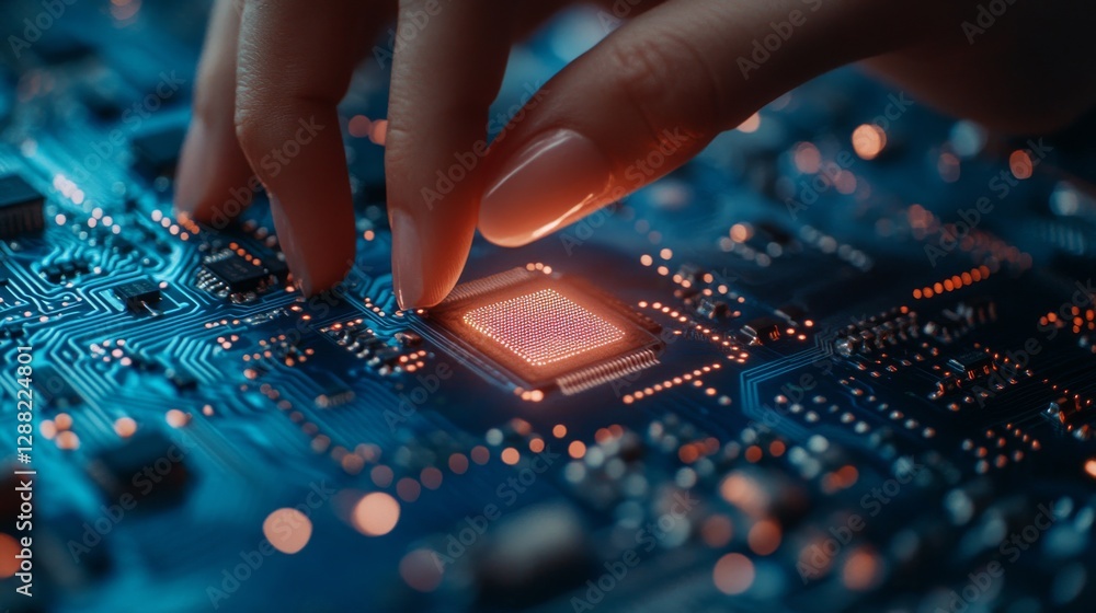 Poster an abstract business iot concept with a glowing blue neon circuit board panel and a finger, indicati