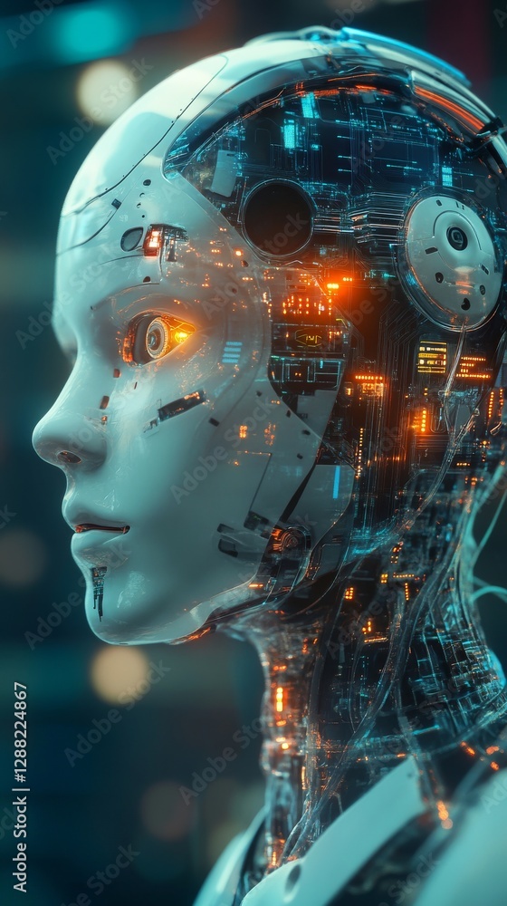 Aufkleber Futuristic humanoid robot with illuminated circuitry in a digital environment, profile view. Advanced artificial intelligence technology concept