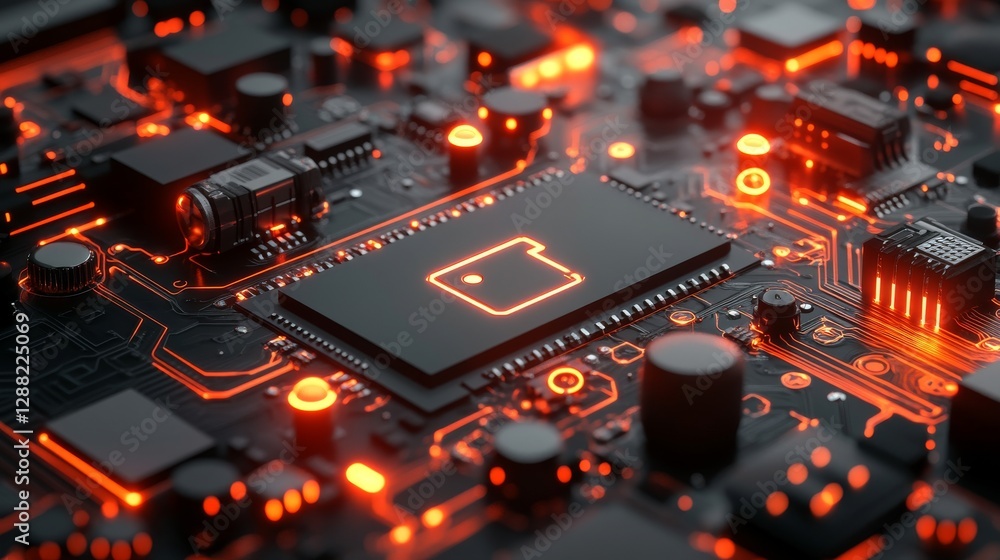 Aufkleber on a neon red glowing wireframe grid circuit board background, a futuristic lock symbol signifies ai