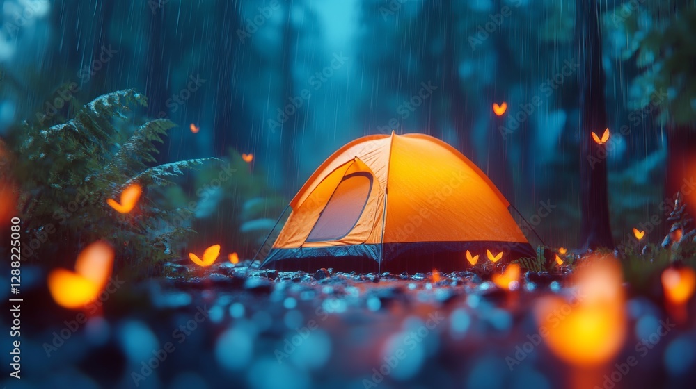 Poster tent is set up in the woods with a large number of fireflies surrounding it. the fireflies are glowi