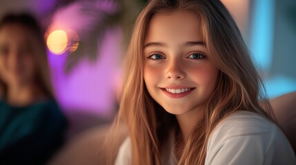 Obraz premium Girl with long brown hair is smiling at the camera. She is wearing a white shirt and is sitting on a couch