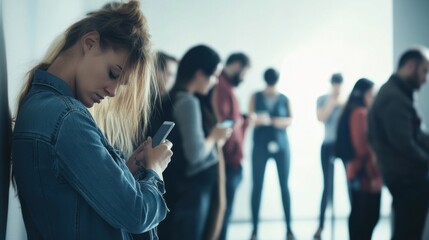 Unemployment line in a government office with people on their phones. Featuring distraction and uncertainty