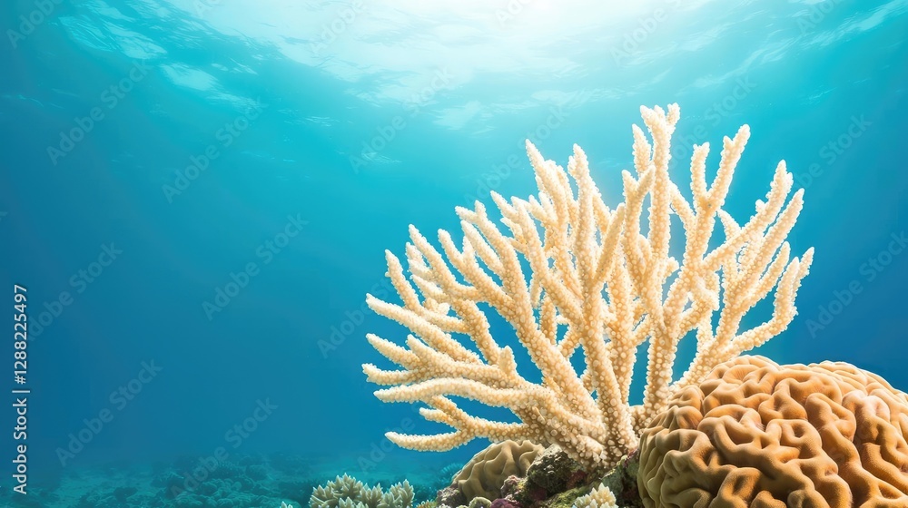 Poster ocean acidification idea. a vibrant coral reef under the ocean with sunlight filtering through the w