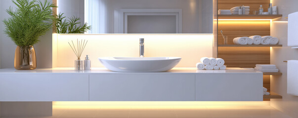 Modern minimalist bathroom with sleek sink, warm lighting, and neatly arranged towels. design features natural elements like plants, creating serene atmosphere