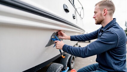 Young Caucasian Male Mechanic Repairing Boat Hull at Marina with Precision Tools on a Clear Day, Showcasing Maritime Maintenance Skills