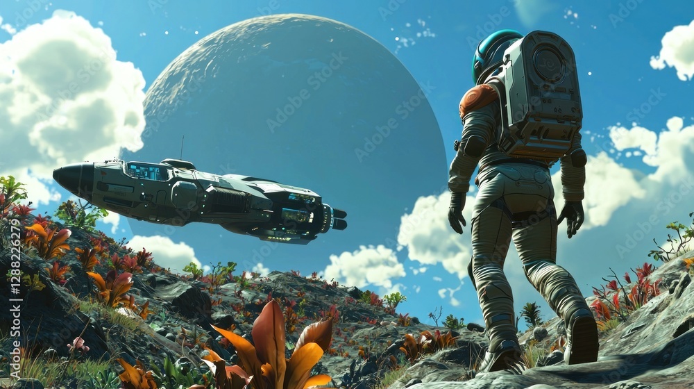 Poster astronaut on alien planet with spaceship