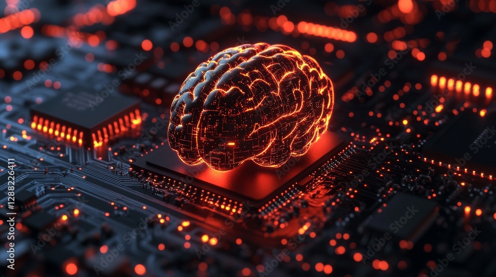 Poster a futuristic circuit board with an ai brain chip cpu, illuminated by neon lights in a vibrant gold a