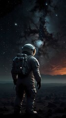 Naklejka premium Soldier in combat gear on the moon under the night sky with weapons and military uniform