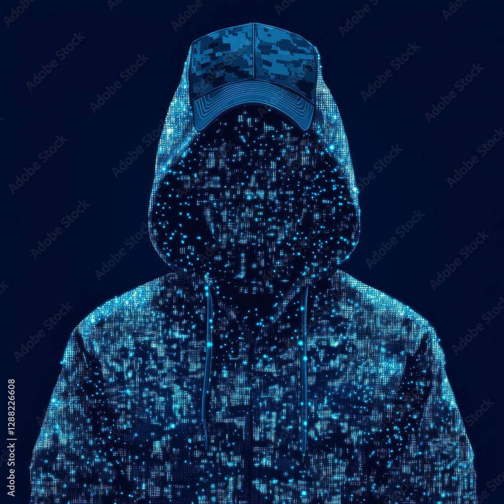 Poster a background with a futuristic wireframe image, showcasing an anonymous hacker in a green hoodie on 