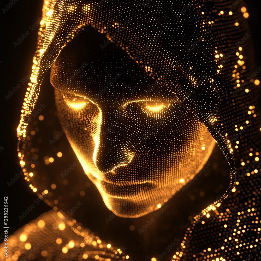 Poster an illustration of a futuristic wireframe background with an anonymous hacker in a yellow hoodie, se