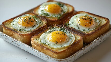 Egg-in-hole toast breakfast, kitchen, white background, recipe