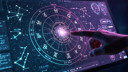Glowing digital zodiac wheel in deep space with astrological constellations. Celestial energy, futuristic horoscope reading, cosmic divination, metaphysical insight, astrology technology.