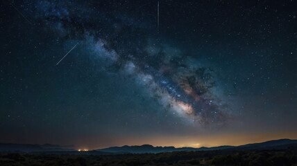 Fototapeta premium Serene Night Sky Showcasing Stars and Milky Way Galaxy Over Dark Silhouette of Distant Landscape in Blue Dark Hues with Glimmering Light