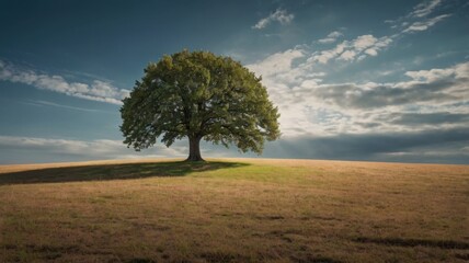 Fototapeta premium Solitary Green Tree Standing Tall in a Golden Field Under a Blue Sky With Wispy Clouds Sunny Rural Meadow Landscape