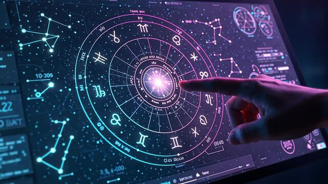 Glowing digital zodiac wheel in deep space with astrological constellations. Celestial energy, futuristic horoscope reading, cosmic divination, metaphysical insight, astrology technology.
