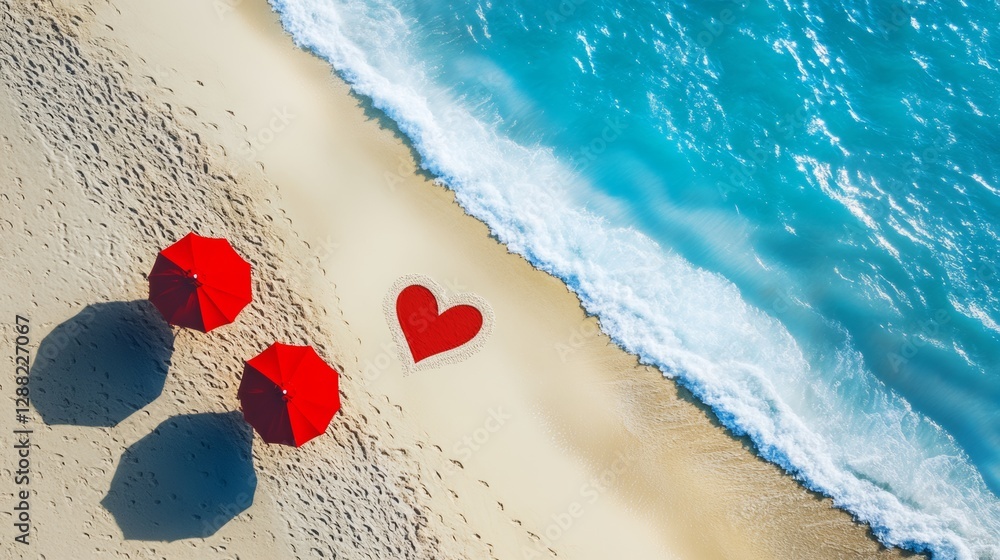 Poster beach scene with two red umbrellas and a heart drawn in the sand. the scene conveys a romantic and i