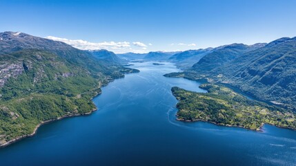 Fototapeta premium Aerial view of a serene fjord surrounded by lush green mountains under a clear blue sky.