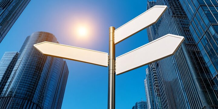 directional signpost in urban landscape with sunlight reflection