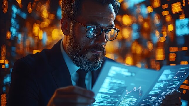 Focused Businessman Reviewing Printed Reports in a Bustling Corporate Workspace