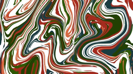 An abstract fluid design with swirling red, green, white, and dark blue patterns. The dynamic flow creates a bold, marble-like effect with organic movement and rich, contrasting colors.