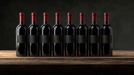 Eight red wine bottles on wood, dark background, wine tasting, cellar