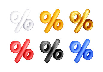 3D set of realistic percent sign isolated. Render money finance or business concept. Percentage, sale, discount, promotion shopping symbol. Offer, price tag, coupon, bonus. Vector illustration