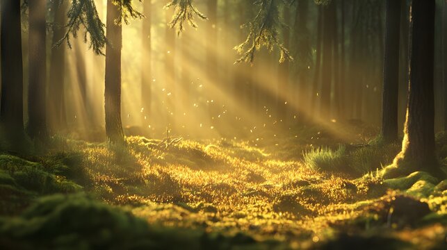 golden rays of sunlight in a misty forest