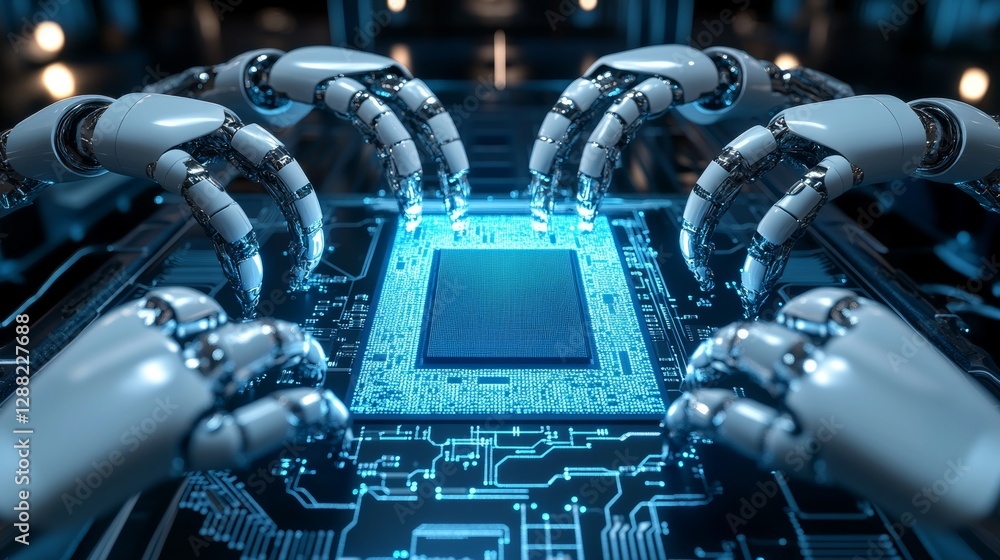 Poster a bright blue, neon-glowing digital technology circuit board housing an ai cpu chip in a computer. t