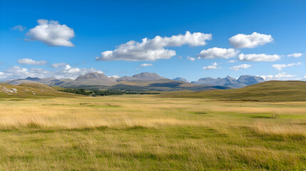 Fototapeta premium Vast Grassy Field and Mountain Range under a Sunny Sky