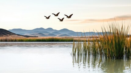 Earth day environmental concept. Scenic view of a serene lake with birds flying over hills and lush grass.