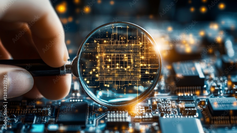 Poster a magnifying glass and a digital datum computer cyber ai chip with circuit light thin lines on a dar