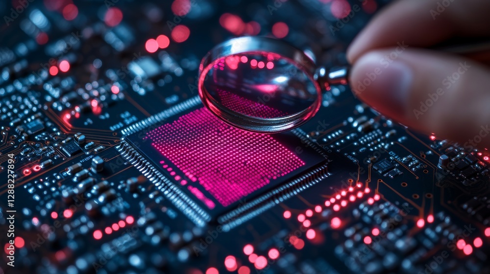 Aufkleber a dark blue background featuring a magnifying glass and a futuristic digital datum computer cyber ai