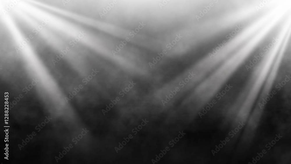 Poster loopable smoke and light rays against black background– ethereal beams streaming from top corners ac