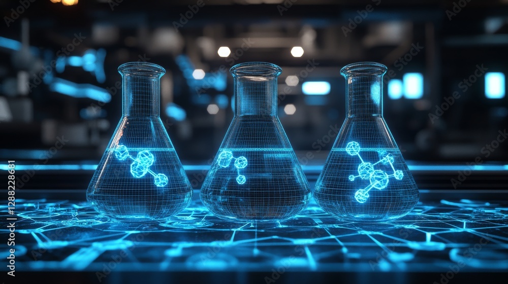 Poster a blue background featuring a polygonal lab design with space for text, suitable for presentations. 