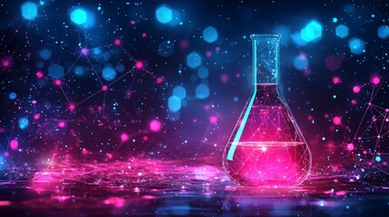 A blue-backgrounded polygonal lab graphic with room for text, illustrating science, technology, and chemistry themes. Perfect for school experiments and research presentations