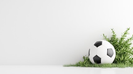 Soccer ball on grass near white wall. Sports room background