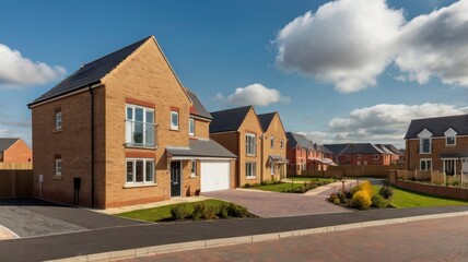 Modern Brick Housing Estate on a Sunny Day Featuring Rows of Newly Constructed Homes Under a Blue Sky with Puffy White Clouds in the United Kingdom