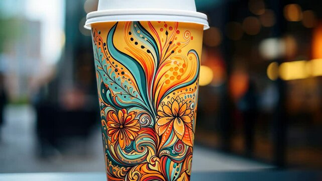 An elaborate togo coffee cup sitting on a table adorned with colorful latte art, capturing the essence of a vibrant caf atmosphere during the morning hours