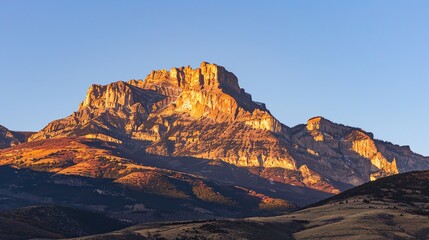 Naklejka premium A mountain range with golden sunlight illuminating the peaks.