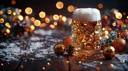 Festive beer, snowy wood, bokeh lights, Christmas