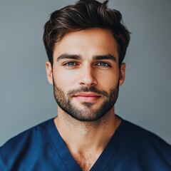 Fototapeta premium A young male doctor in a blue uniform and medical protective clothing, isolated on a hospital background, symbolizing a healthcare professional