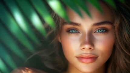 Fototapeta premium Woman with green eyes and a tan complexion is standing in front of a green leafy plant