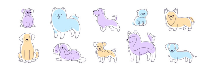 Cute outline dog breeds set. Purebred dogs vector sketch collection. Doodle puppies bundle.