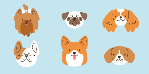 Cute purebred dogs head collection. Flat vector dog faces set.
