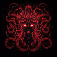 A conceptual illustration of a red and black snake dragon, representing Christmas and New Year 2025. The backdrop showcases a minimalistic spiritual nymph in dark tones, complemented