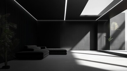 Modern dark living room with sectional sofa, sunlight, and plants.