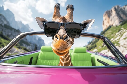 Giraffe is wearing sunglasses and sitting in a car. The car is pink and has a green interior. The giraffe is smiling and looking out the window, enjoying the ride - Powered by Adobe