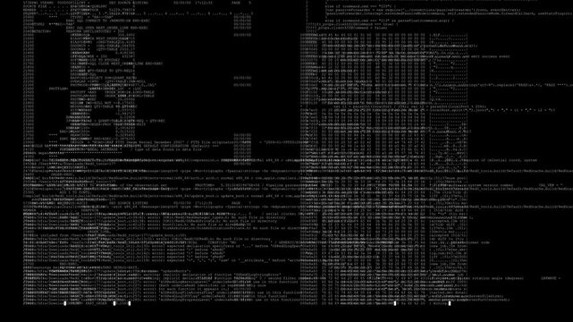 Black screen with running data, numbers and letters for modern technology.